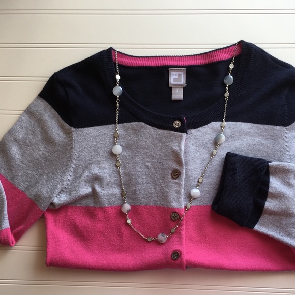 Color Block Stripe Navy, Pink, & Gray Cardigan - Picture 2 of 8